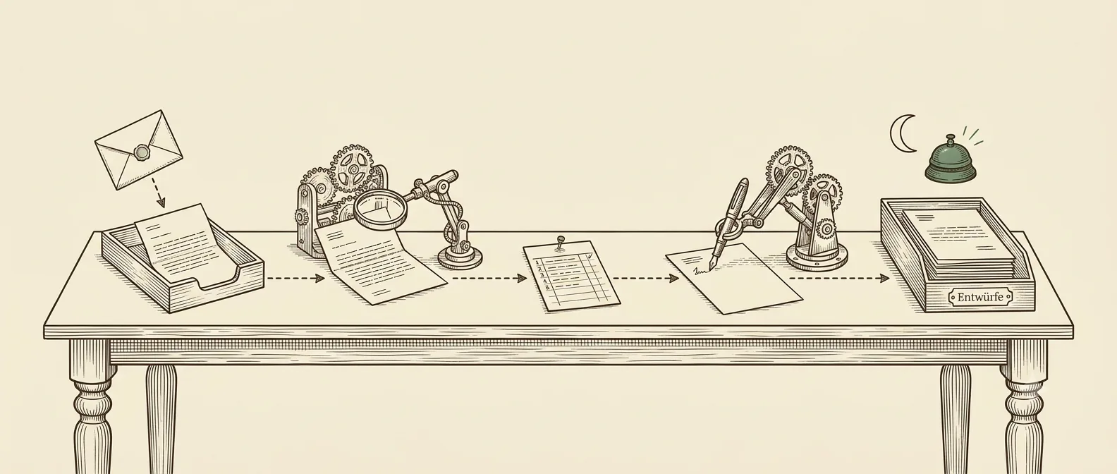 Platzhalter. Geplant ist eine schlichte Illustration im Werkstatt-Stil: links ein Chatfenster (Text rein, Text raus), rechts derselbe Ablauf, der still im Mailprogramm einen Entwurf ablegt.