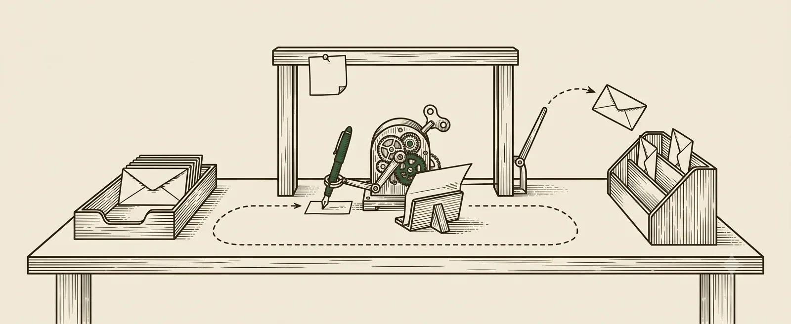 Werkstatt-Illustration: ein kleiner Schreibautomat mit Zahnrädern und Füllfeder liest Briefe aus einem Eingangskorb und sortiert sie entlang einer Schleife in kleine Fächer
